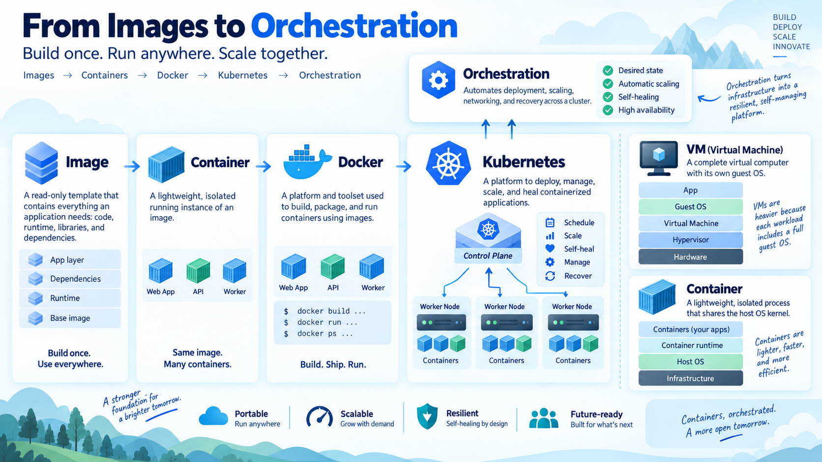 Diagram showing the journey from container images and Docker to Kubernetes orchestration